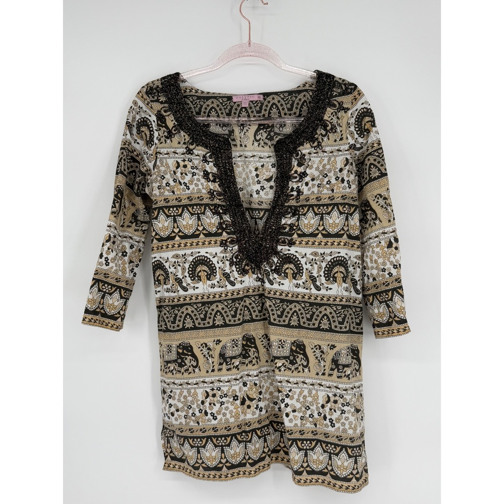 Calyso St Barth Womens Sz XS Kaftan Tunic‎ Coverup Elephant Paisley Beaded